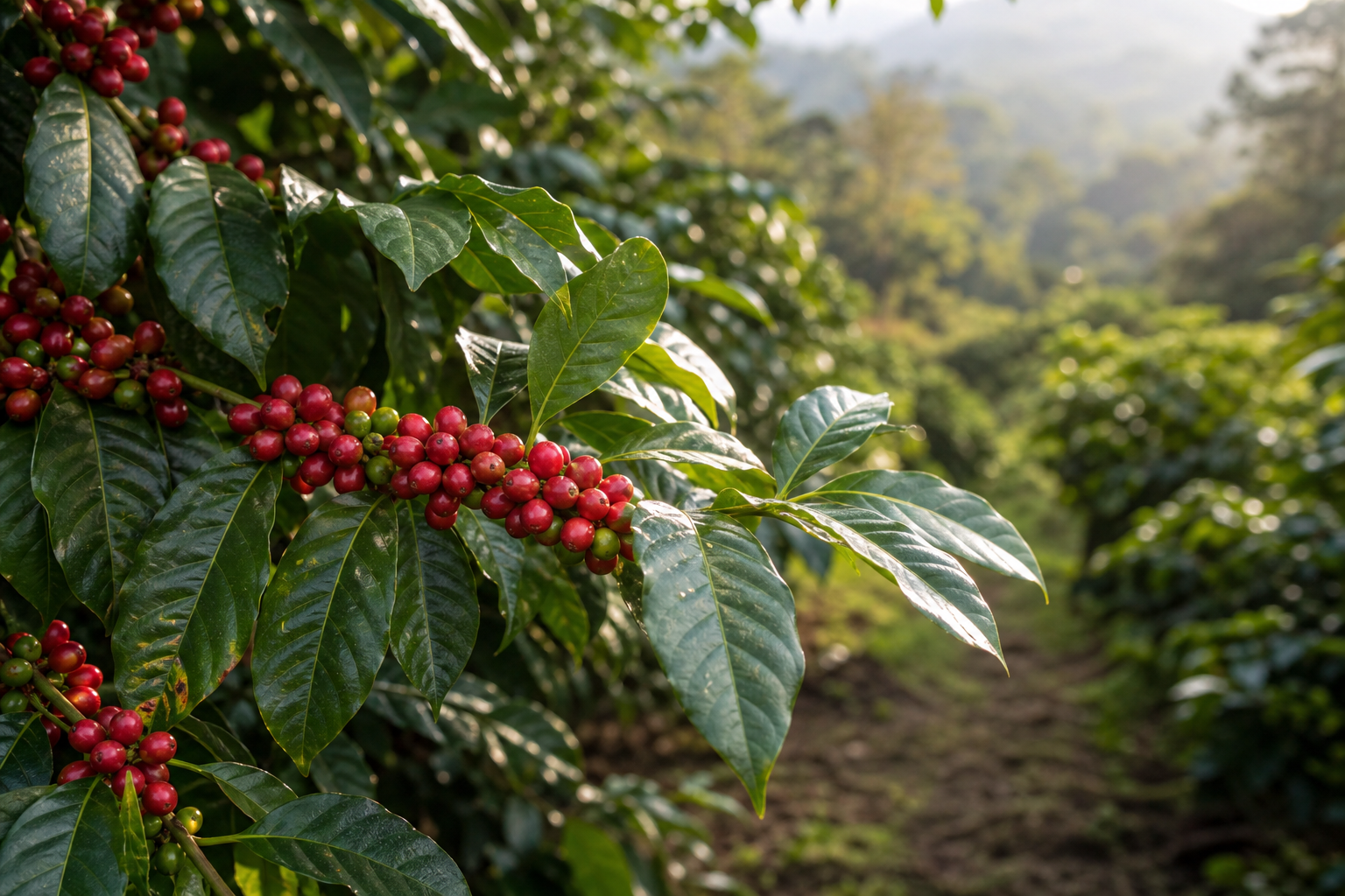 Detalle de hojas y cerezas maduras de café