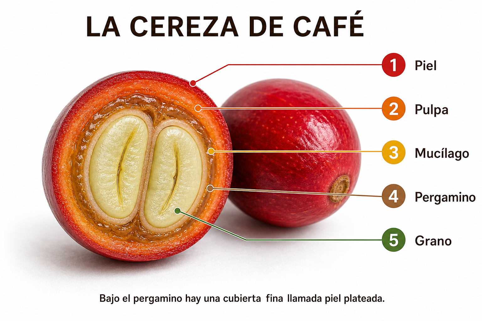 Imagen anatómica de la cereza de café con piel, pulpa, mucílago, pergamino y grano