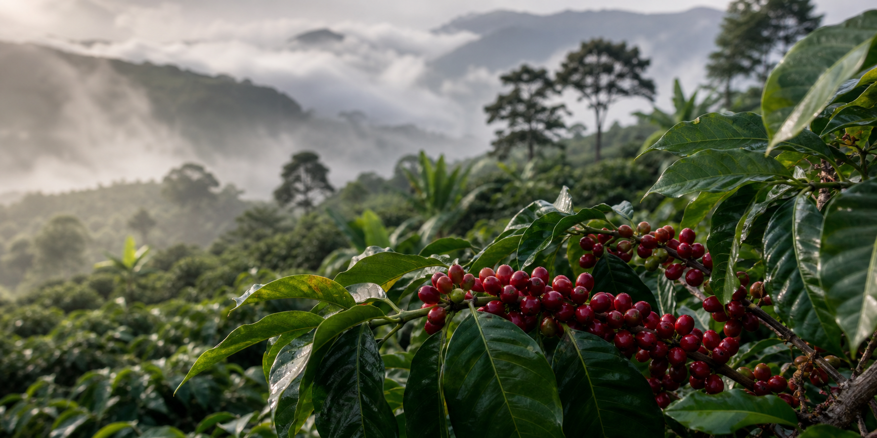 Rama de café con cerezas rojas y hojas verdes