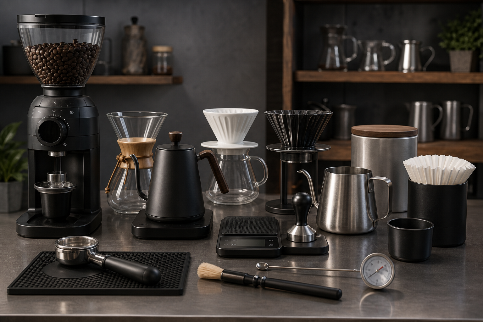 Herramientas esenciales de café organizadas sobre una barra