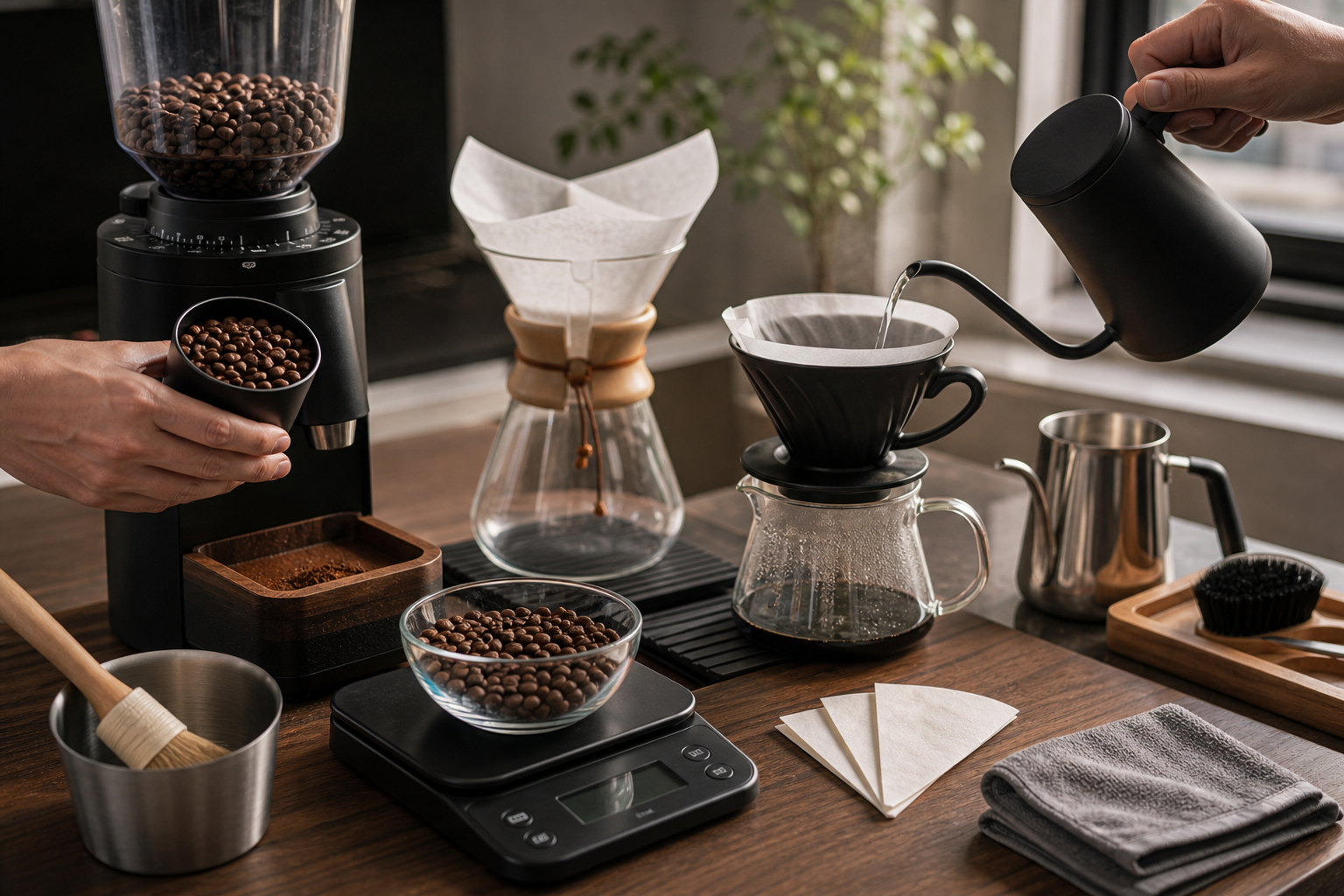 Flujo de trabajo con café pesado, molido, vertido y herramientas de limpieza