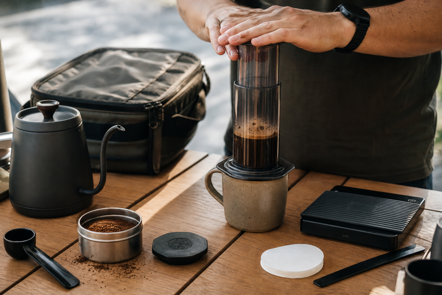 AeroPress presionando café sobre una taza con filtros y bascula cerca