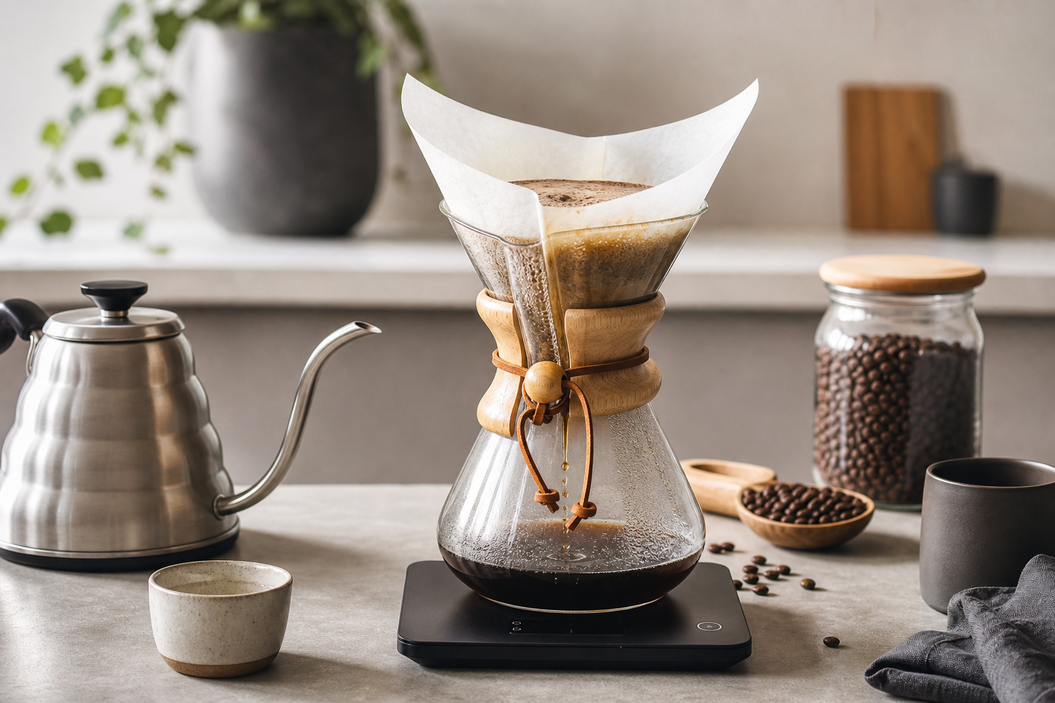 Chemex con filtro grueso durante la preparación de café filtrado