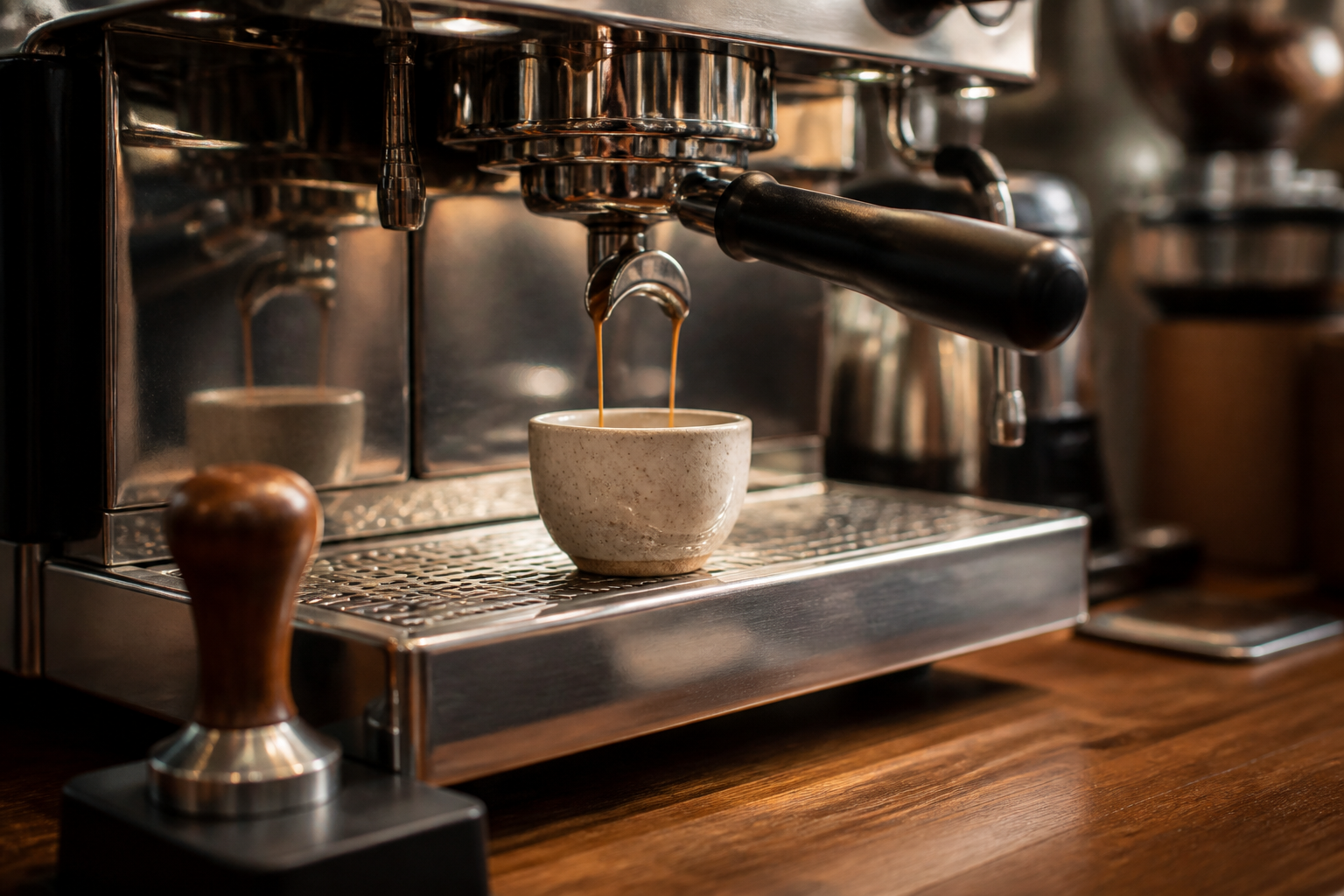 Máquina espresso extrayendo café en una taza con portafiltro y tamper cerca