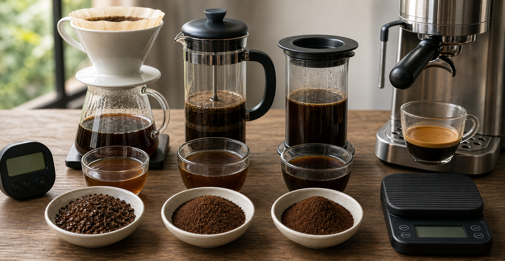 Comparación de moliendas, filtros y bebidas para distintos métodos de extracción