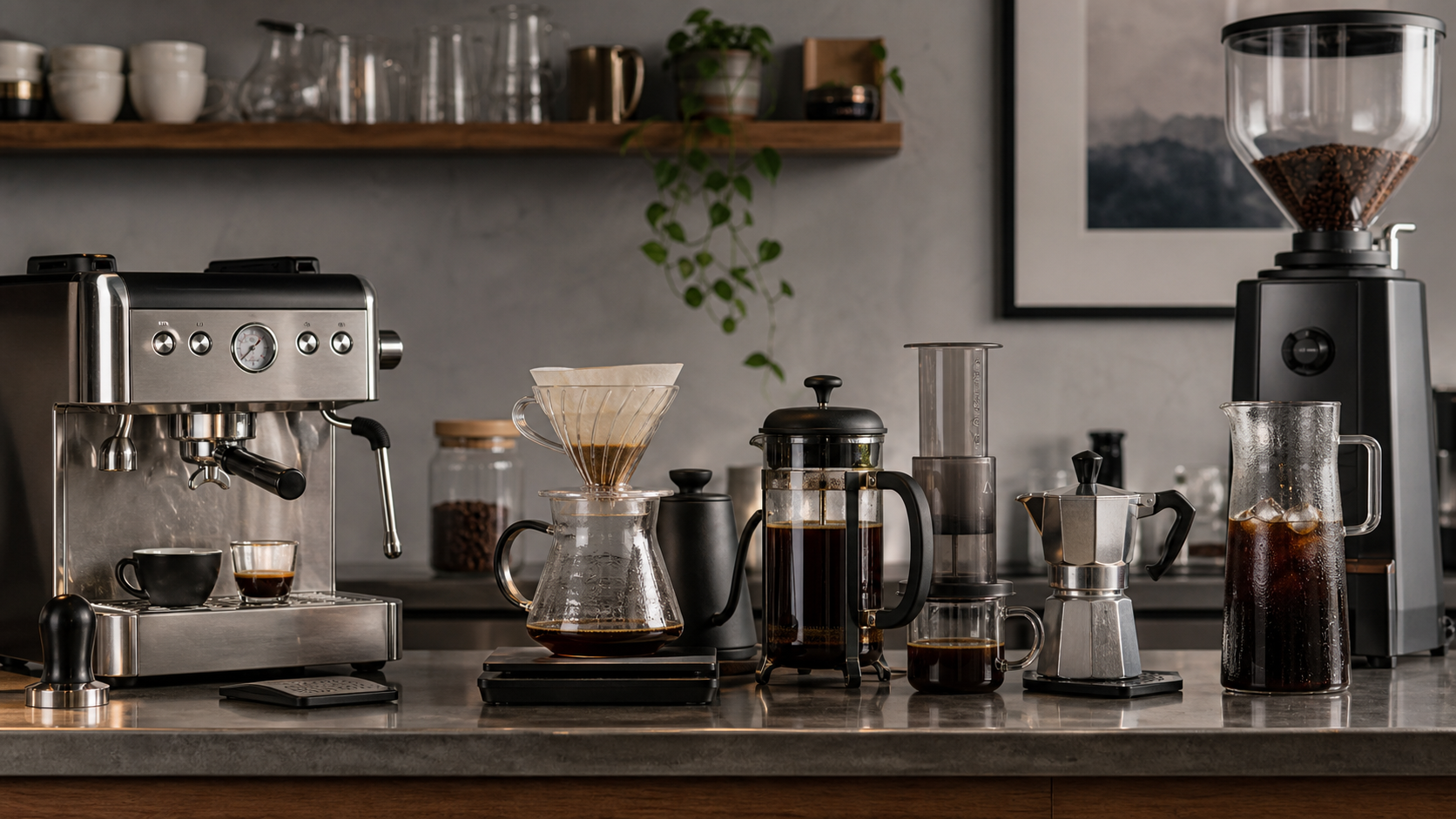 Barra con métodos de preparación como espresso, V60, prensa francesa y cold brew