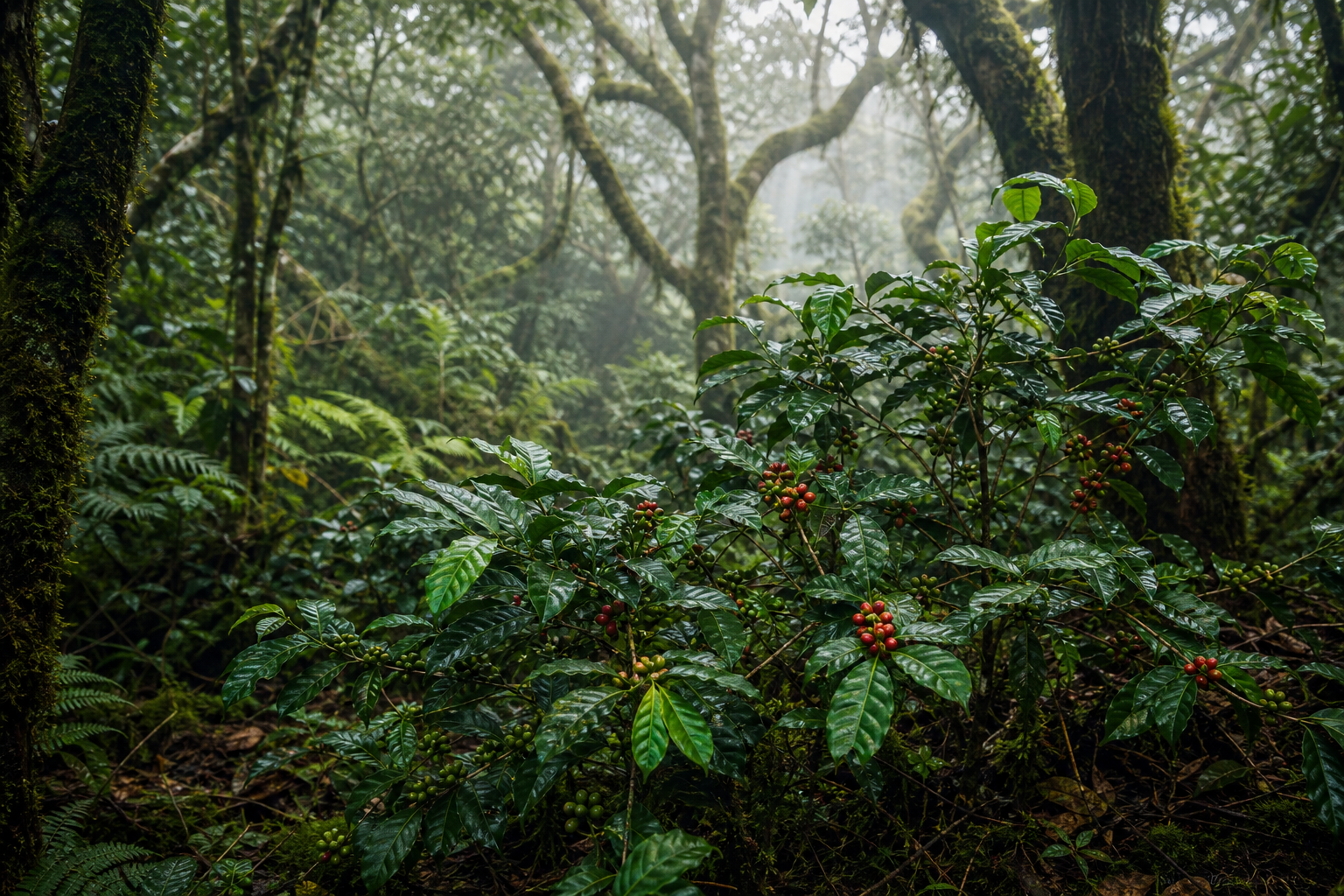 Bosque montano etíope con cafetos silvestres bajo sombra