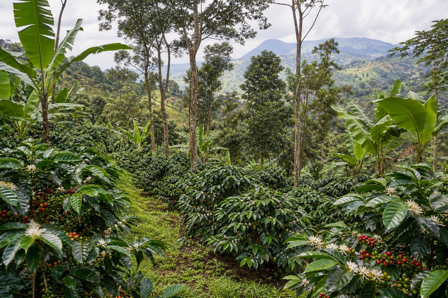 Finca moderna de café bajo sombra en sistema agroforestal