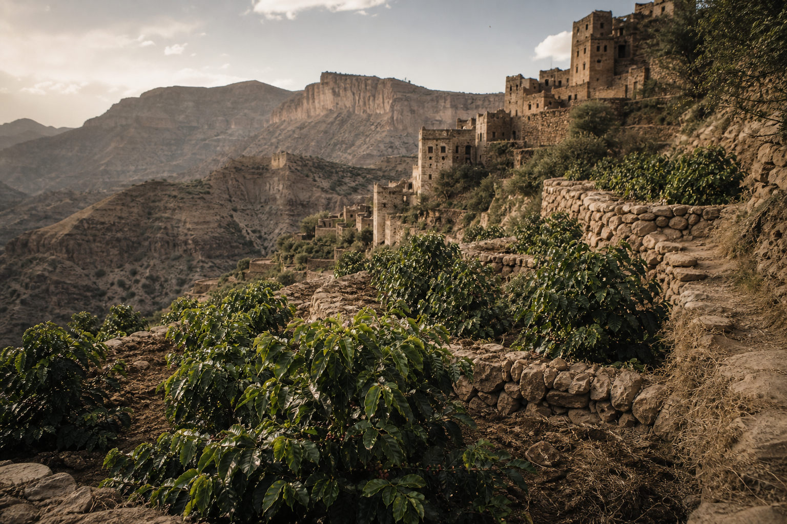 Terrazas de cultivo de café en montañas de Yemen