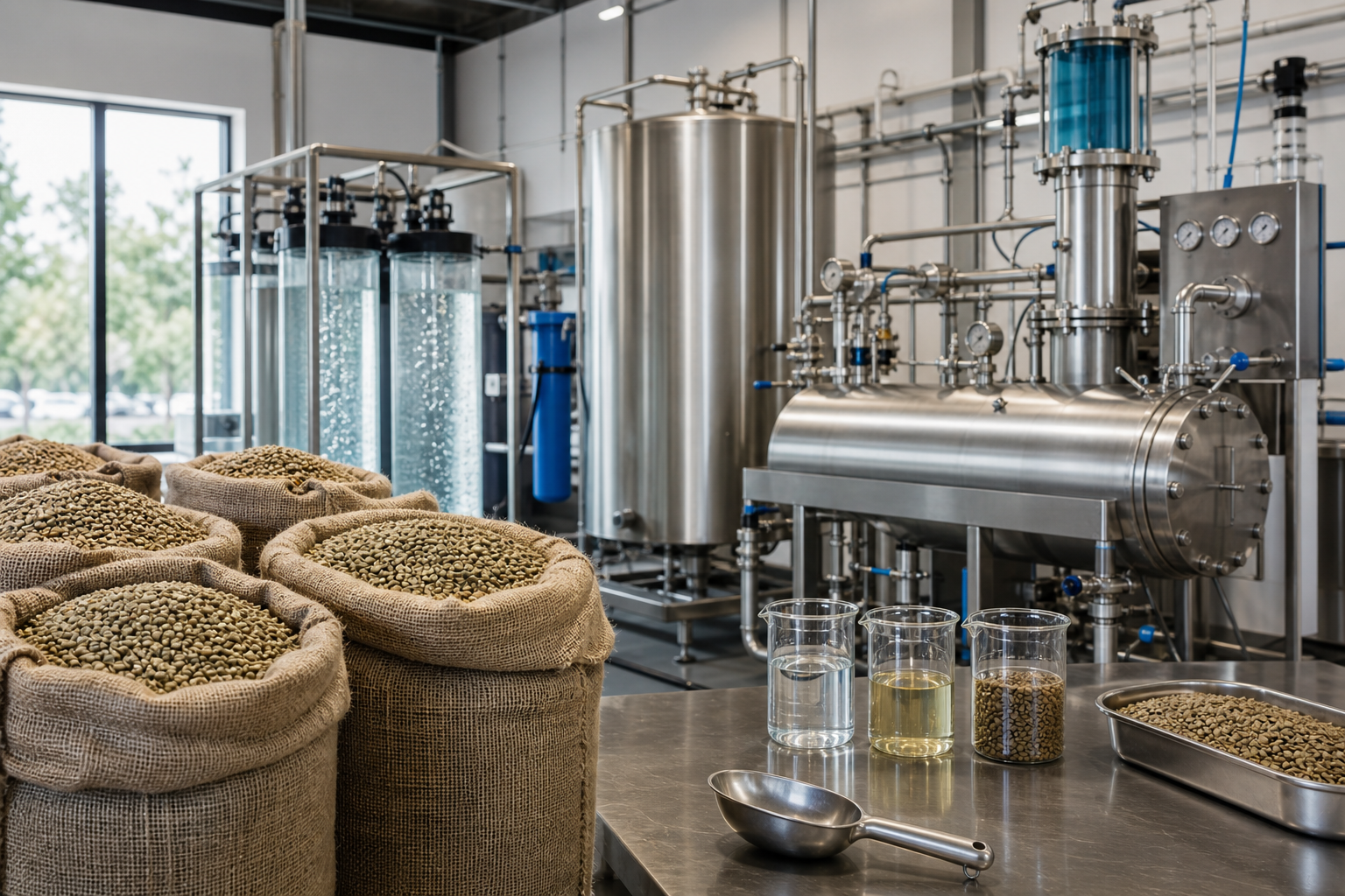Instalación moderna de descafeinado con café verde y equipos de extracción