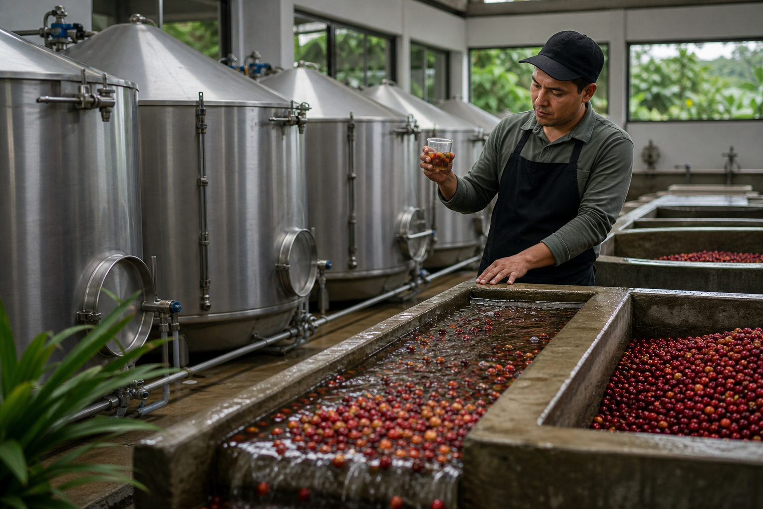 Tanques de fermentación de café con cerezas y muestras de control