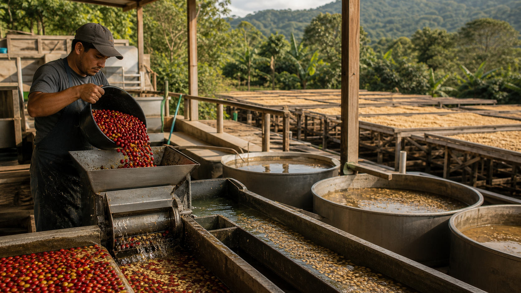 Estación de proceso de café con cerezas, tanques y camas de secado