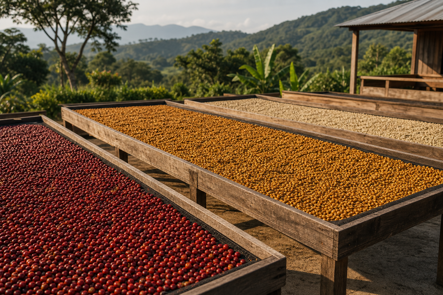 Camas elevadas con lotes de café natural, honey y lavado secándose