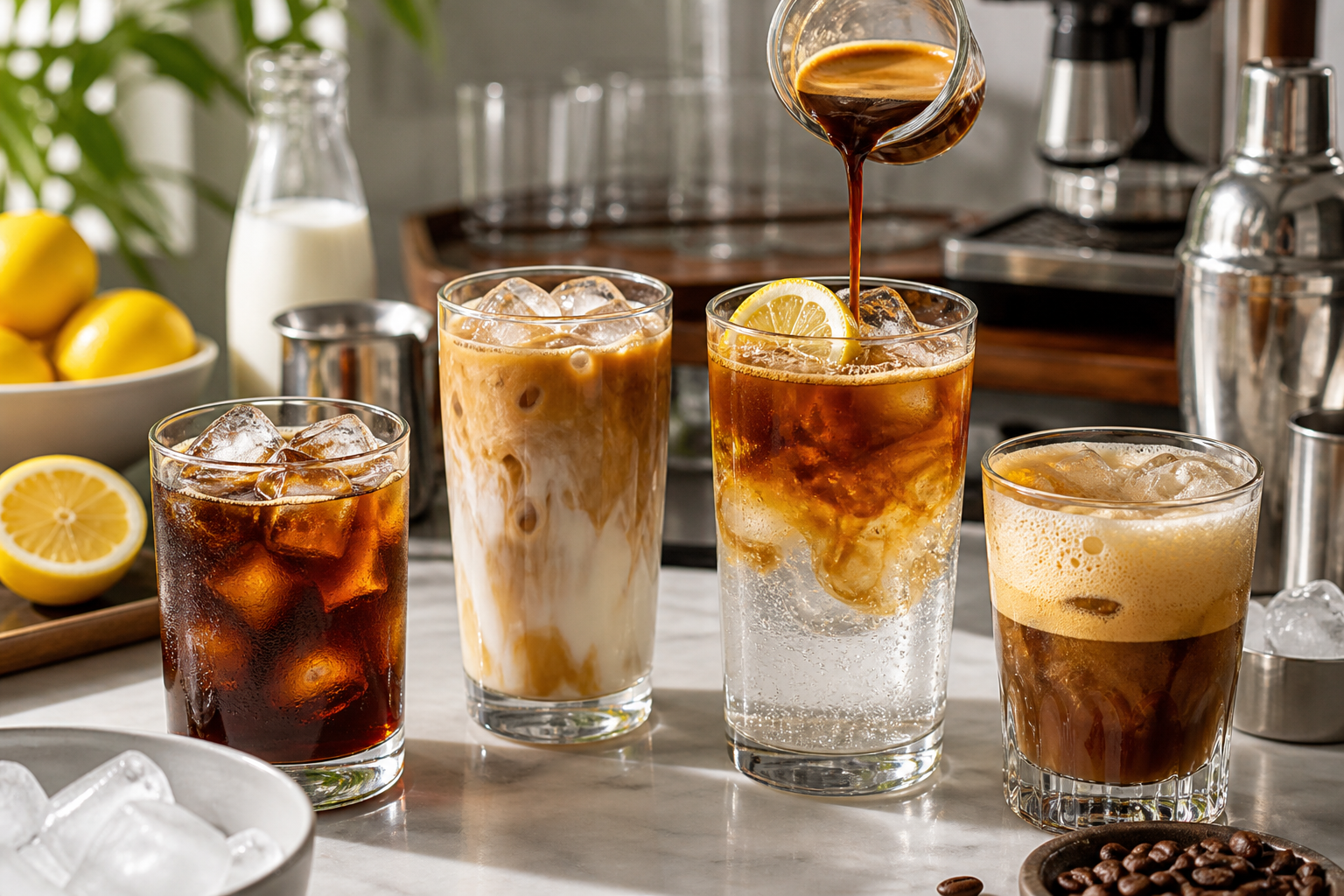 Bebidas frías modernas como iced latte, cold brew y espresso tonic