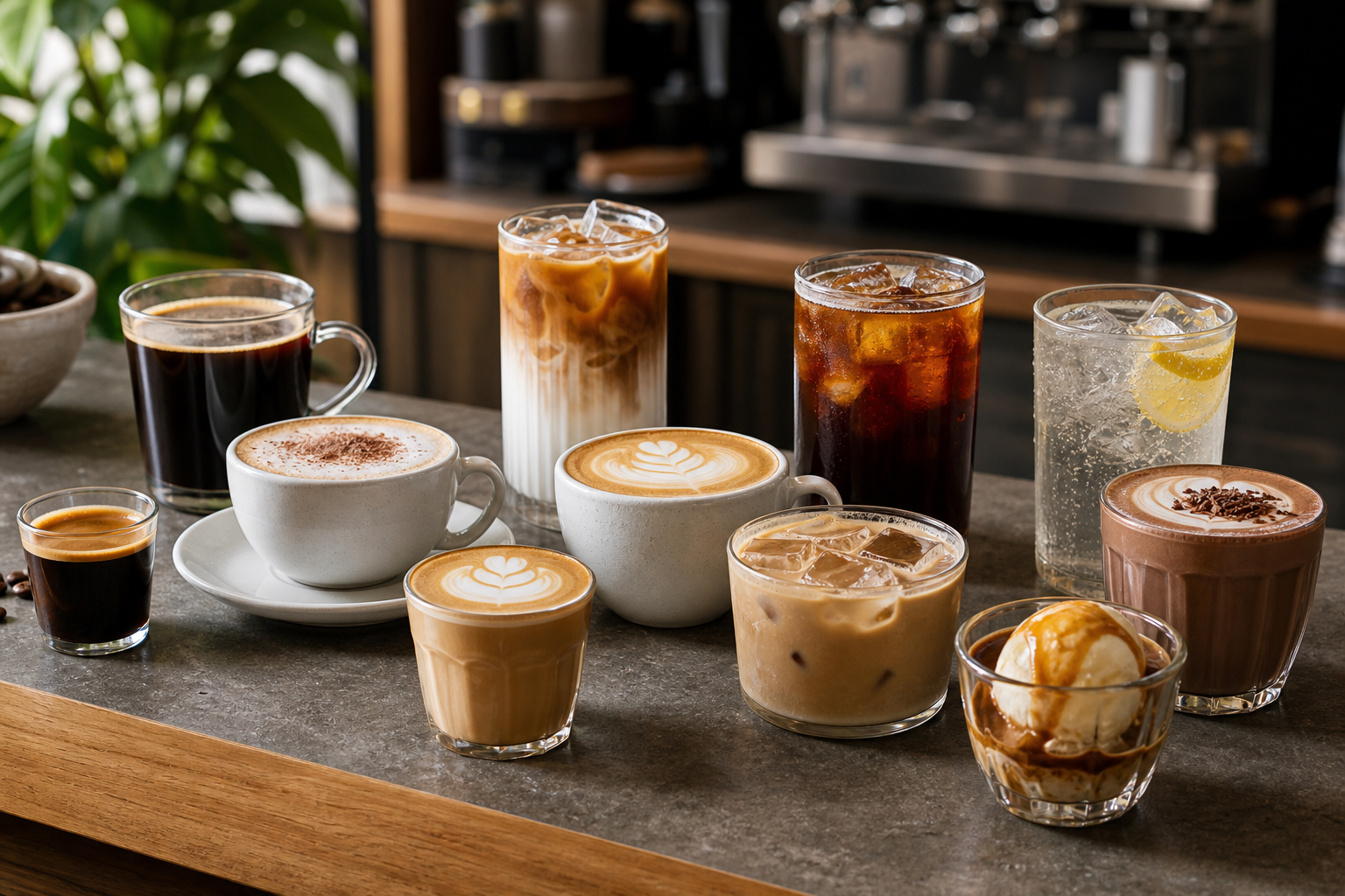 Conjunto de bebidas de café como espresso, latte, cappuccino, cold brew y affogato