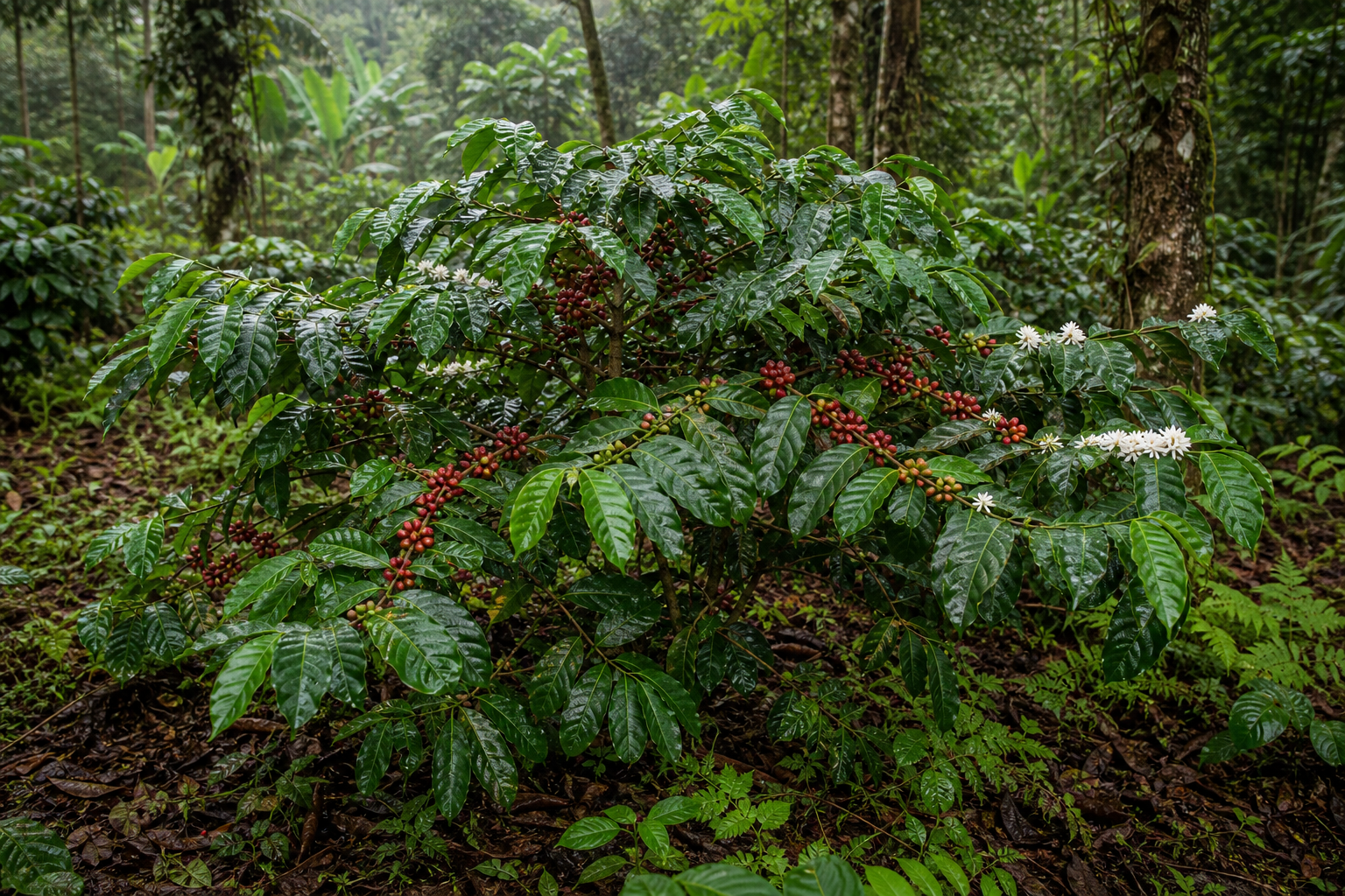 Planta de robusta con hojas verdes y cerezas rojas en finca tropical