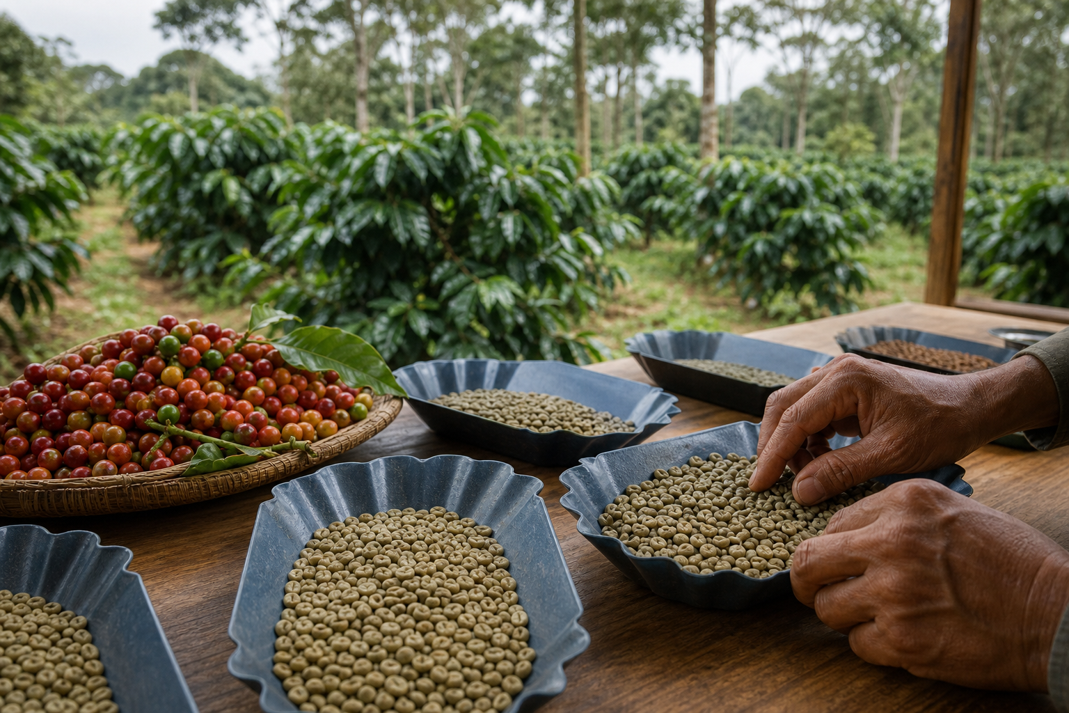 Cerezas y granos verdes de robusta durante una inspección de calidad