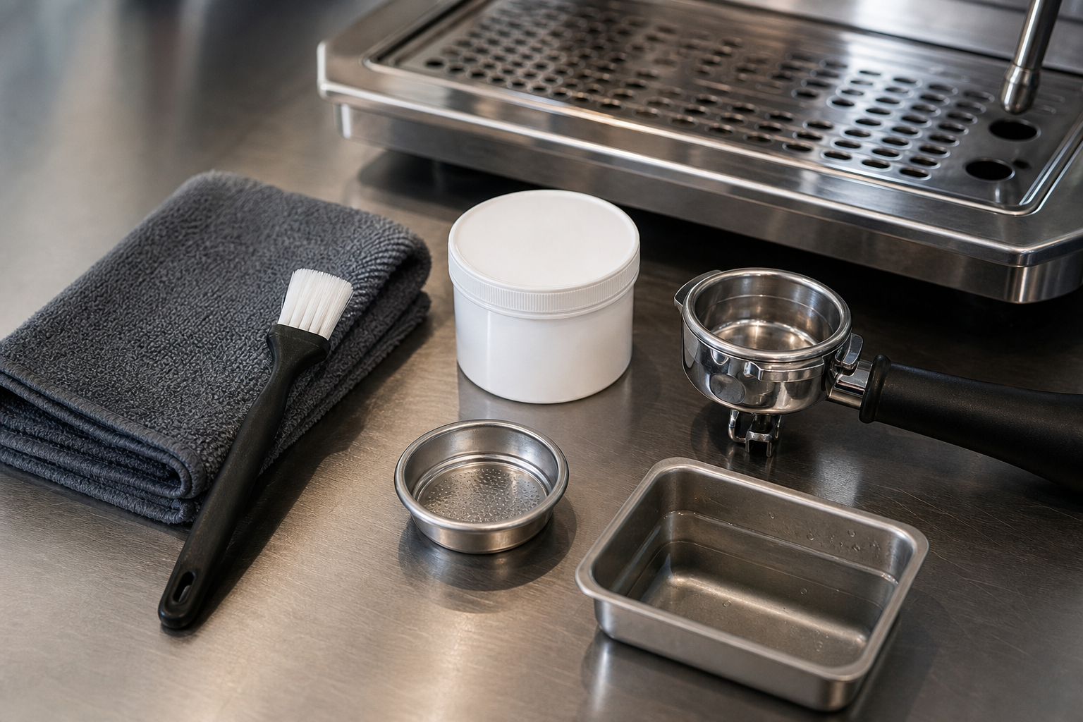 Cepillos, paño y herramientas de limpieza para equipo de café