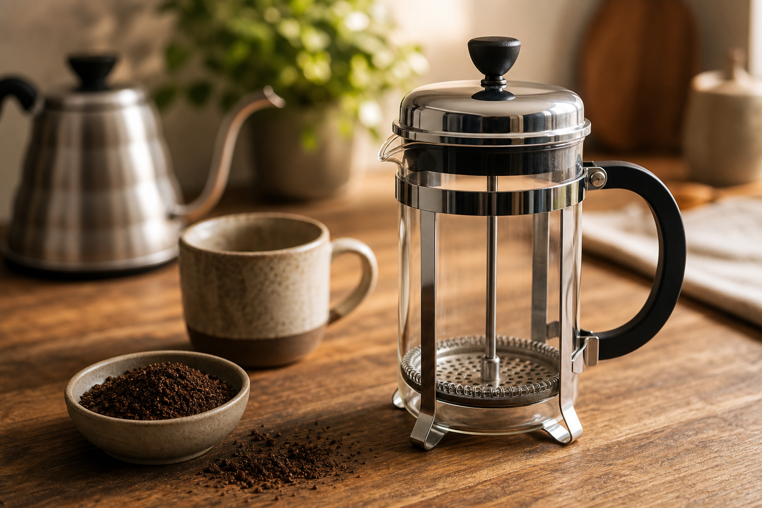 Prensa francesa limpia con café molido grueso y taza