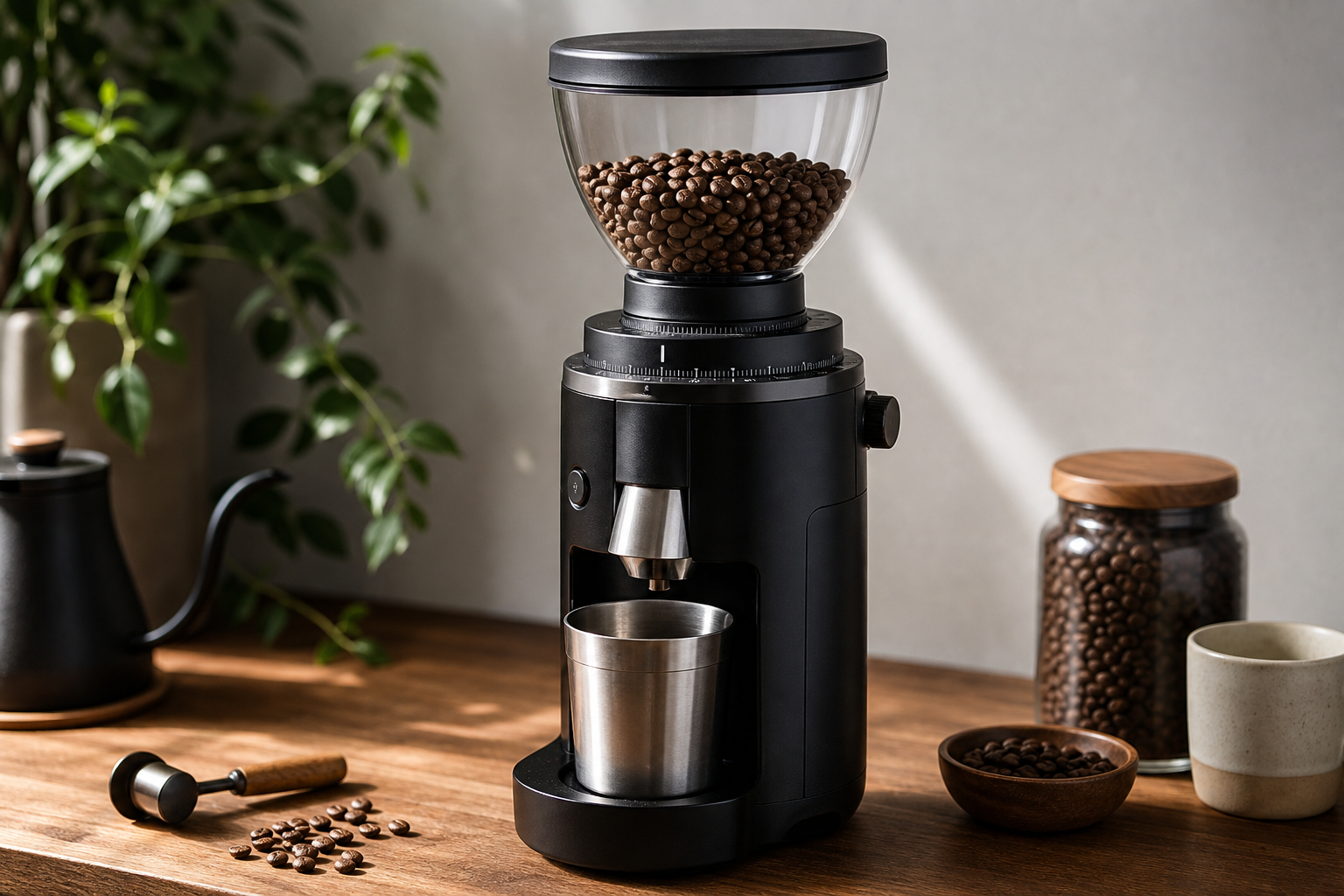 Molinillo de muelas eléctrico con granos de café y vaso dosificador