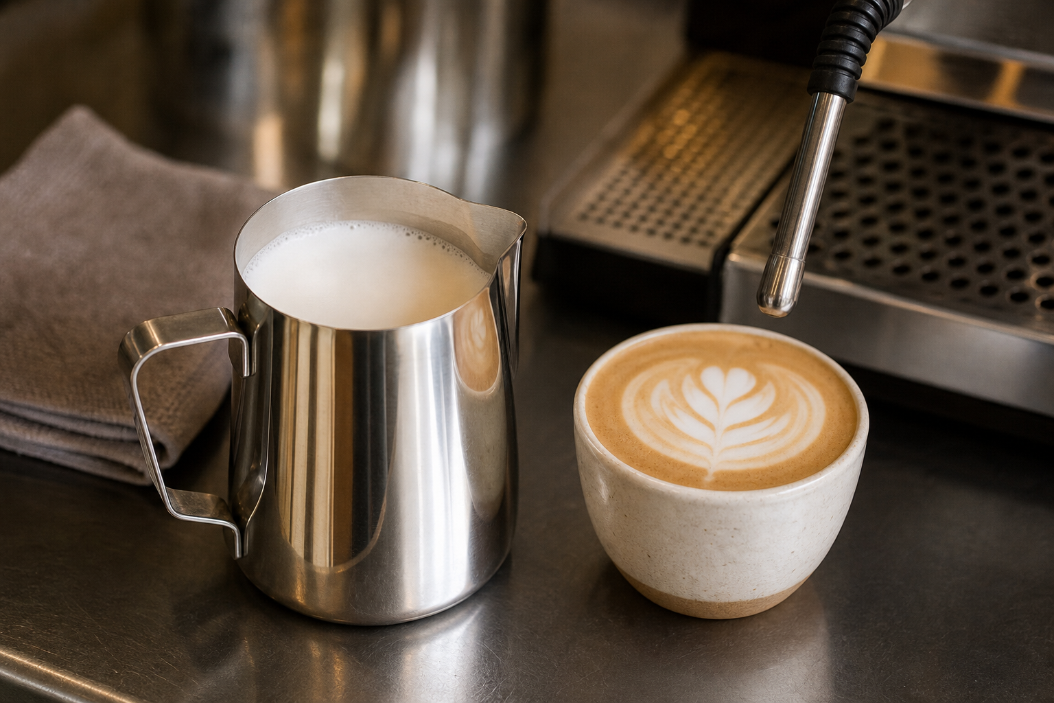 Jarra de leche de acero con café latte y vaporizador al fondo
