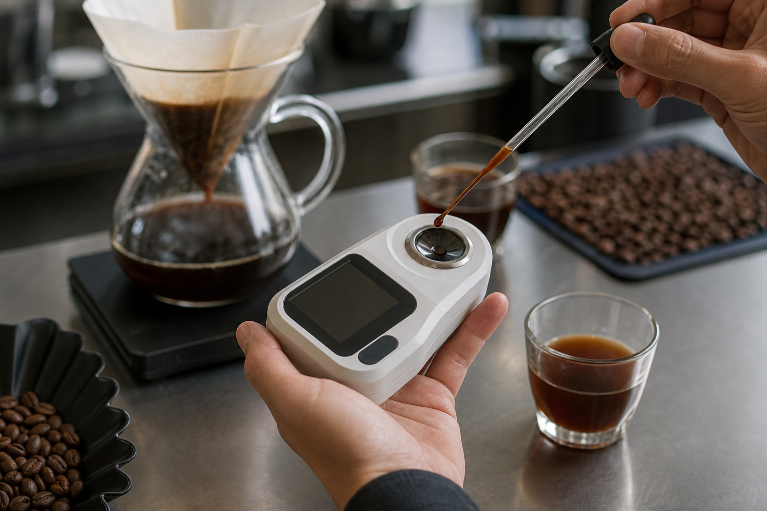 Refractometro digital con pipeta y muestra de café filtrado