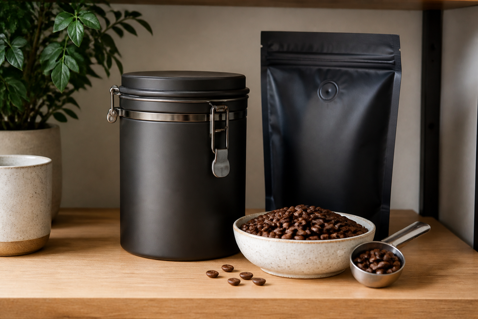 Recipiente hermético para almacenar café con granos y cuchara
