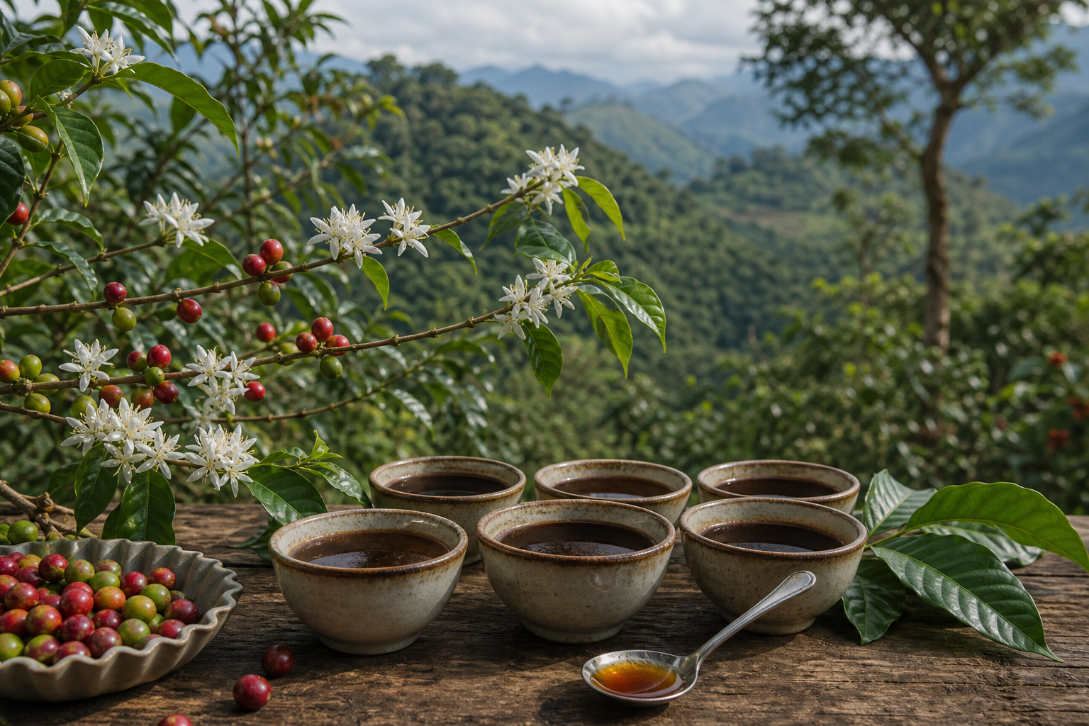Ramas, flores y muestras de cata de arábica etíope