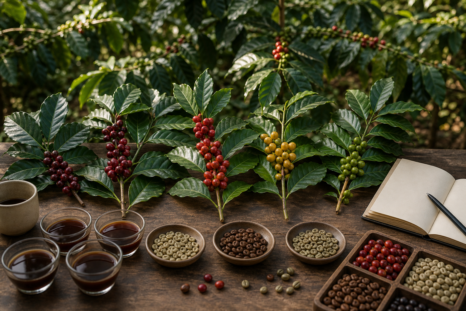 Mesa de investigación con ramas de arábica, cerezas y muestras de cata