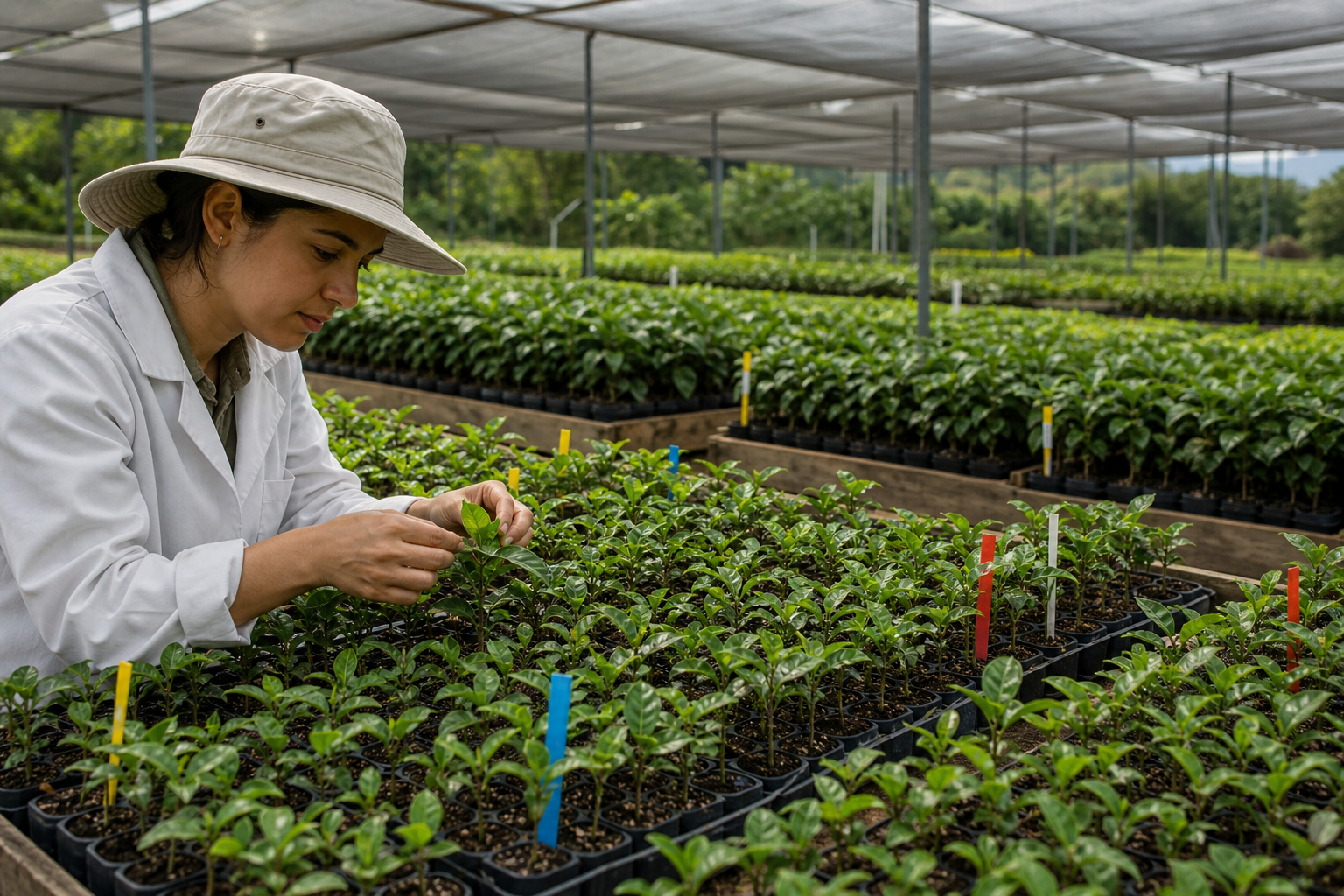 Vivero moderno de mejoramiento de café con plantas jóvenes